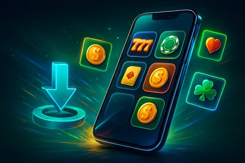 Glossy smartphone casino app banner with neon download icon and glowing tiles