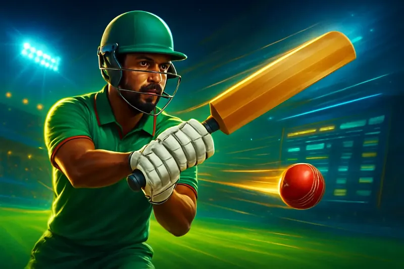 Cricket batter striking ball under stadium lights for sportsbook banner