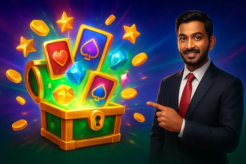 Glowing reward chest with cards, coins, gems, and stars bursting out