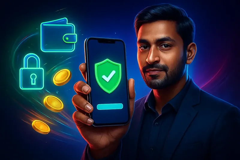 Hand holding smartphone with secure mobile wallet, coins, and speed effects