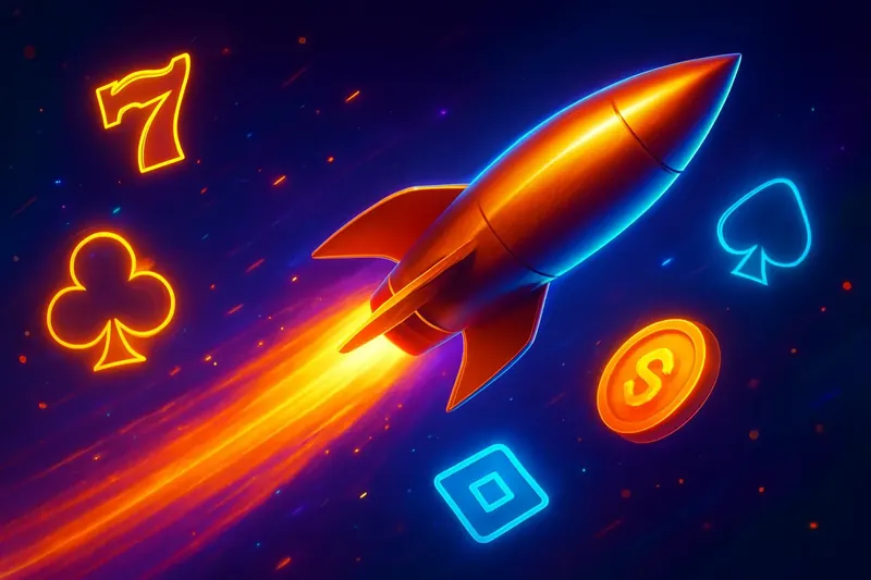 Glossy rocket launch casino banner with neon trail and game particles
