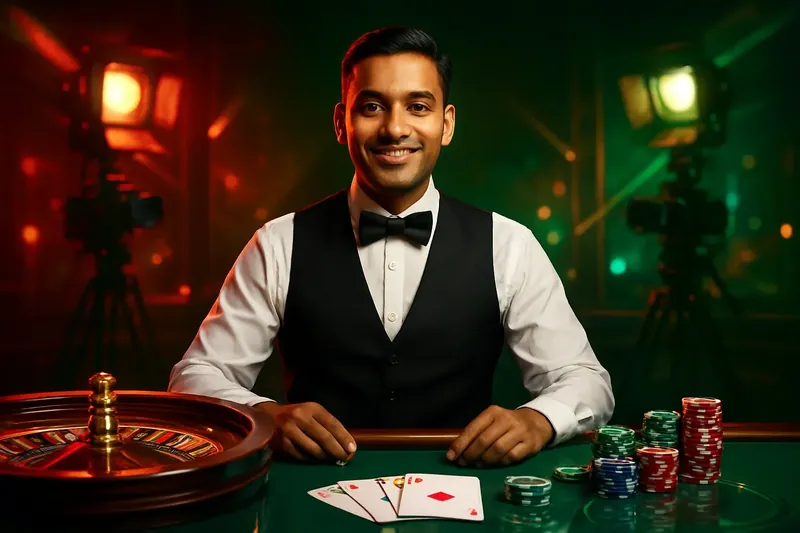 Friendly professional live dealer with roulette, cards, chips, and studio lights