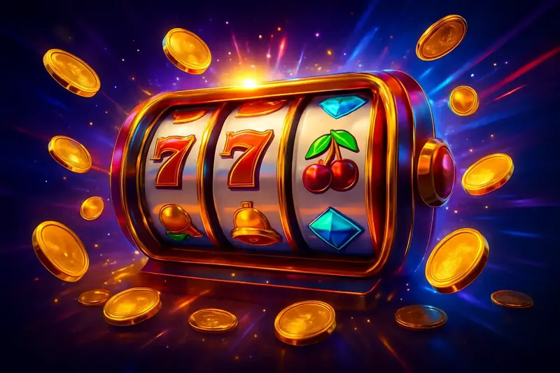 Colorful spinning slot machine reels with coins, sparkles, and neon glow